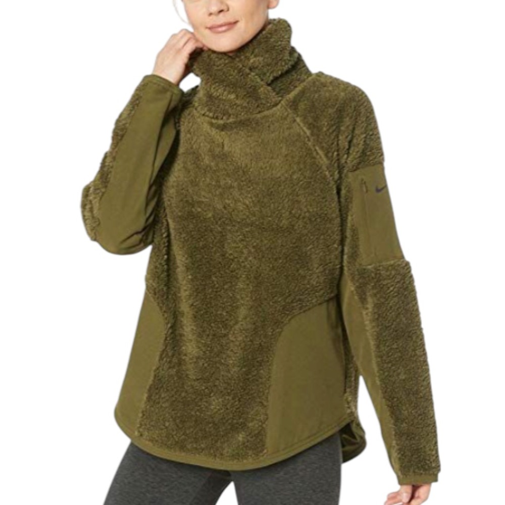 NIKE SHERPA PULLOVER Sweatshirt Sweater DARK OLIVE GREEN Mock Neck Pockets M